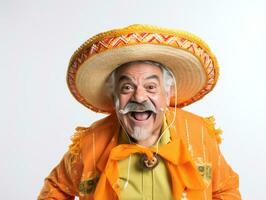 Mexican man in playful pose on white background AI Generative photo