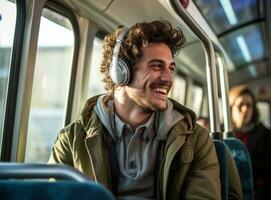 young man with headphones playing music on a phone at bus shelter in street photo