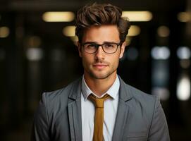 a business man with glasses standing against an unforget photo