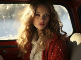 girl sitting in car enjoying winter outdoors photo