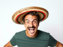 Mexican man in playful pose on white background AI Generative photo