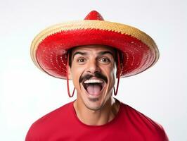 Mexican man in playful pose on white background AI Generative photo