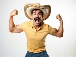 Mexican man in playful pose on white background AI Generative photo