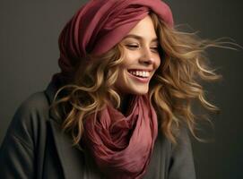 cute young woman wearing a scarf on a pink background photo