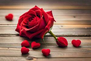 un soltero rojo Rosa en un de madera mesa con corazones. generado por ai foto