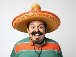 Mexican man in playful pose on white background AI Generative photo