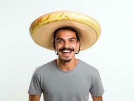 Mexican man in playful pose on white background AI Generative photo