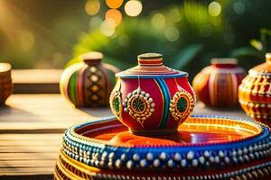 colorful pottery on a table with a sun shining in the background. AI-Generated photo
