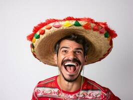 Mexican man in playful pose on white background AI Generative photo