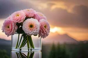 pink flowers in a vase with a sunset in the background. AI-Generated photo
