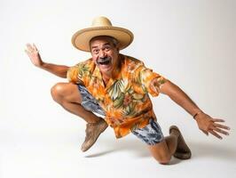 Mexican man in playful pose on white background AI Generative photo