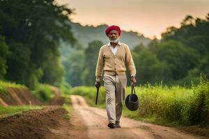 an old man with a red turban walking down a dirt road. AI-Generated photo