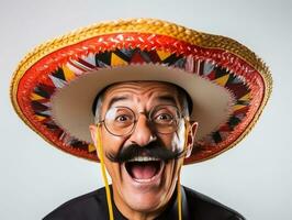 Mexican man in playful pose on white background AI Generative photo