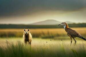 a bird and a bear standing in a field. AI-Generated photo