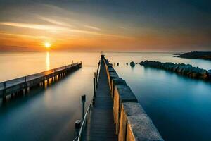 a pier at sunset with a long pier. AI-Generated photo