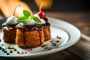 three desserts on a white plate. AI-Generated photo