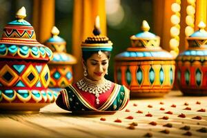 a woman in a headdress is sitting on a table with colorful pots. AI-Generated photo