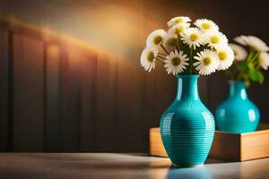 a blue vase with daisies in it on a table. AI-Generated photo