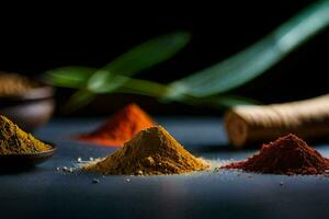 different types of spices on a black background. AI-Generated photo