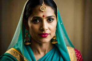 a woman in a sari with a red lipstick. AI-Generated photo