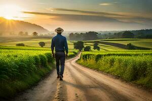 man walking on a dirt road in a field. AI-Generated photo