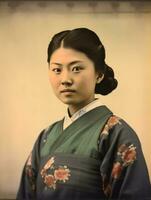 antiguo de colores foto de un asiático mujer desde el temprano 1900 ai generativo