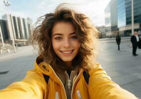 beautiful young lady taking selfie photo