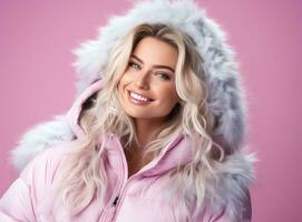 young woman skiing in winter jacket with photo