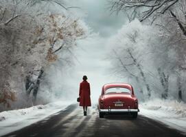 young woman with luggage in car facing winter road photo