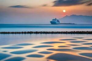 a cruise ship in the ocean at sunset. AI-Generated photo