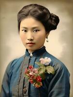 Old colored photo of a asian woman from the early 1900s AI Generative