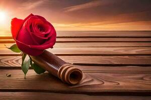 a red rose on a wooden table with the sun setting behind it. AI-Generated photo