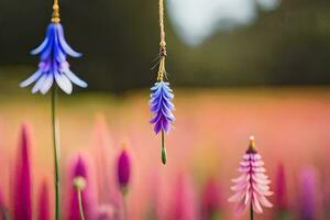 a flower hanging from a string in a field. AI-Generated photo