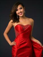 Smiling young woman of Asian descent dressed in elegant dress AI Generative photo