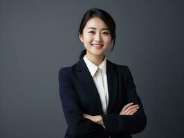 Smiling young woman of Asian descent dressed in elegant dress AI Generative photo