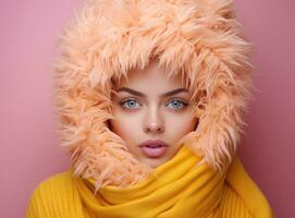 cute young woman wearing a scarf on a pink background photo