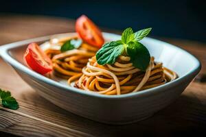 spaghetti with tomato and basil leaves in a white bowl. AI-Generated photo