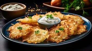 Latkes with sour cream and applesauce on blue plate photo