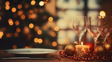 christmas dinner holiday background with blurred christmas tree background photo