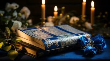 Hanukkah candles with Hebrew prayer book photo