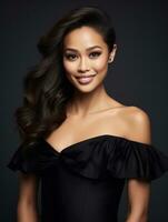 Smiling young woman of Asian descent dressed in elegant dress AI Generative photo
