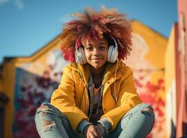 un joven dama posando con auriculares en azul antecedentes foto