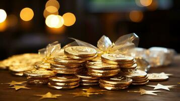 Hanukkah gelt in shiny gold foil wrappers photo