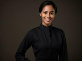 sonriente joven mujer de asiático descendencia vestido en elegante vestir ai generativo foto