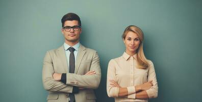 two business couple standing together standing in front of background photo