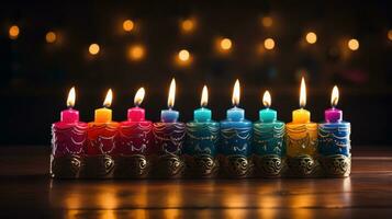 Menorah with colorful candles against dark background photo