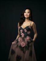 Smiling young woman of Asian descent dressed in elegant dress AI Generative photo