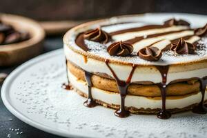 a cake with chocolate and cream on top. AI-Generated photo