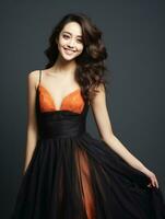 Smiling young woman of Asian descent dressed in elegant dress AI Generative photo