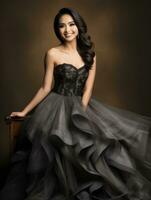 Smiling young woman of Asian descent dressed in elegant dress AI Generative photo